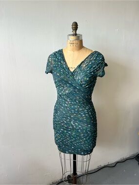 Ruched Teal Printed V-Neck Mini Dress